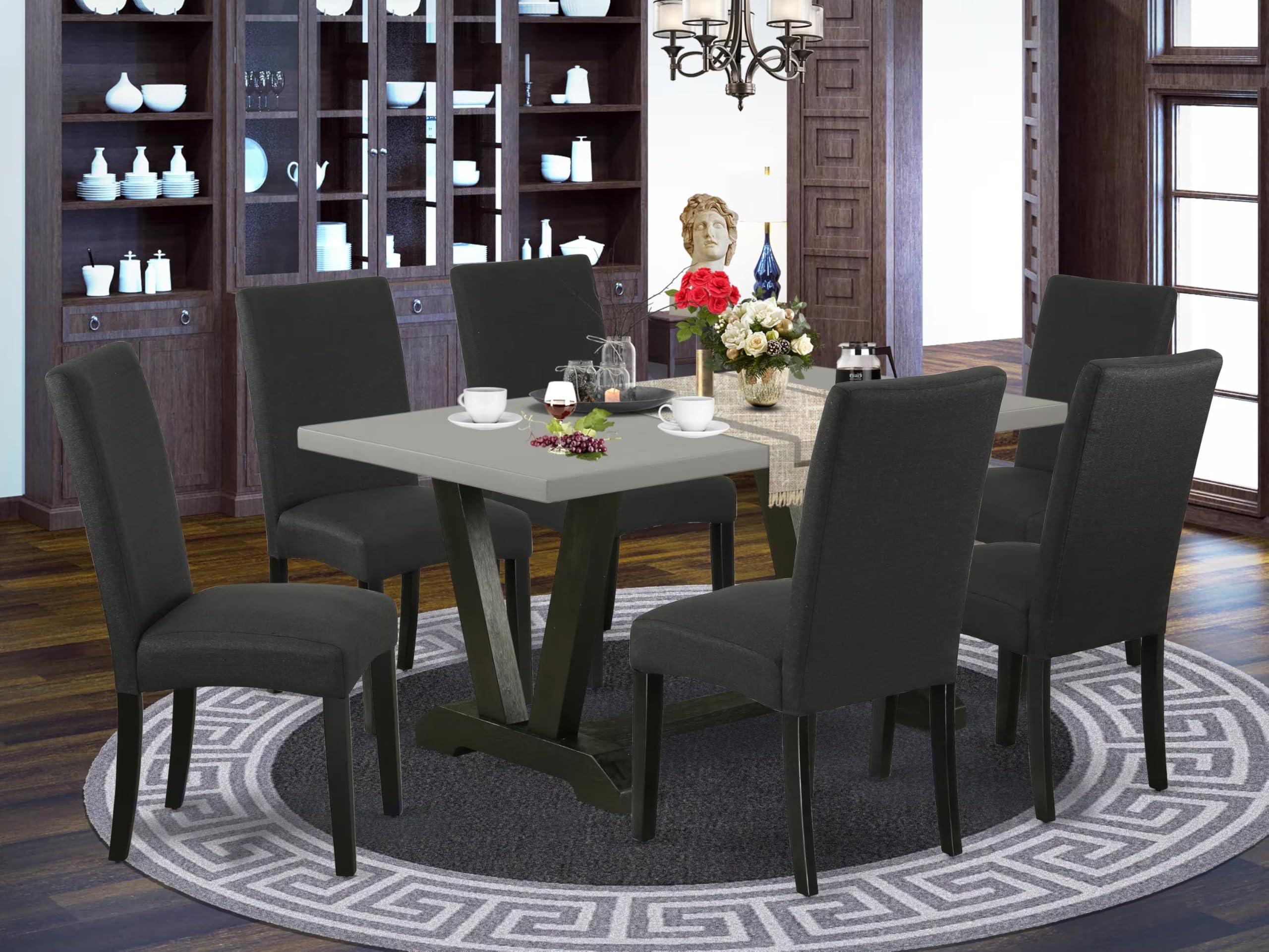 East West Furniture V696Dr124-7 7 Piece Dining Table Set Consist Of A Rectangle Dining Room Table With V-Legs And 6 Black Color Linen Fabric Upholstered Chairs, 36X60 Inch, Multi-Color